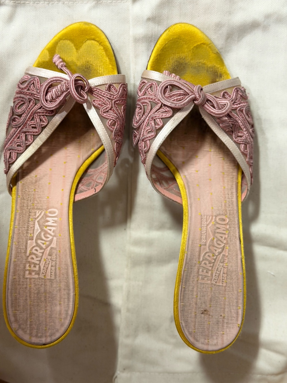 Salvatore Ferragamo Pink Embroidered Open-Toe Slides with Yellow Trim